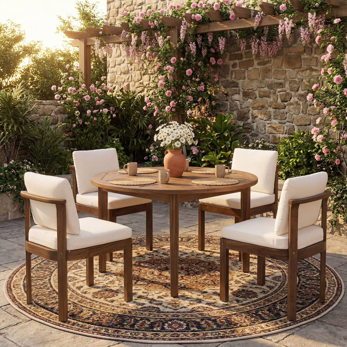 Acacia Wood Outdoor Dining Chair Set of 4 with Water-Repellent Cushions – Brown, Cream or Cream, Teak, photo 3 of 10