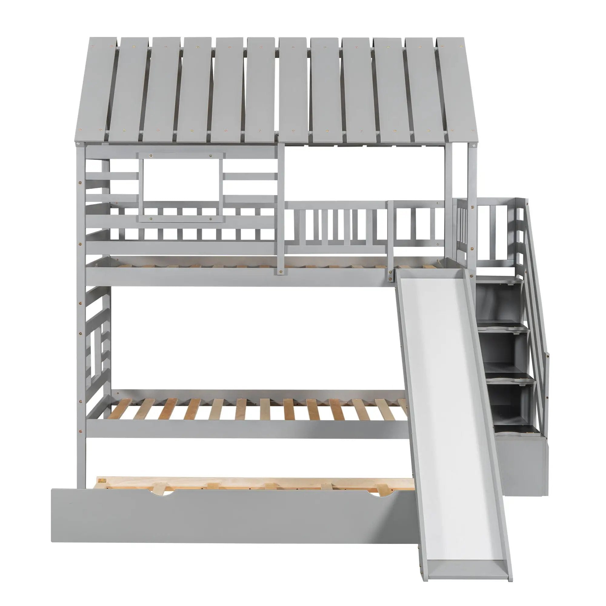 House Bunk Bed With Trundle, Storage Staircase, Roof And Window Design by Unique Piece Furniture