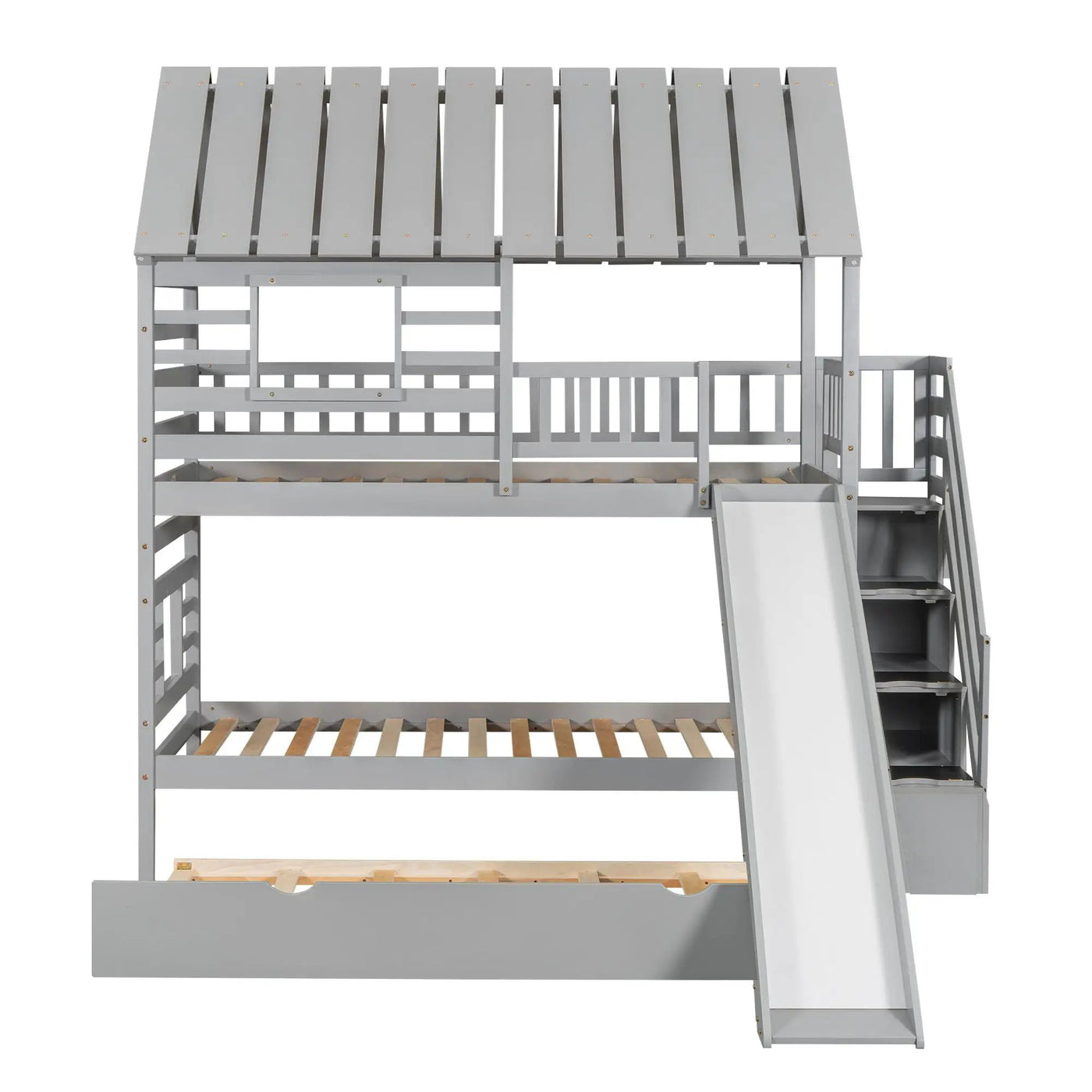 House Bunk Bed With Trundle, Storage Staircase, Roof And Window Design by HouseOfZazla