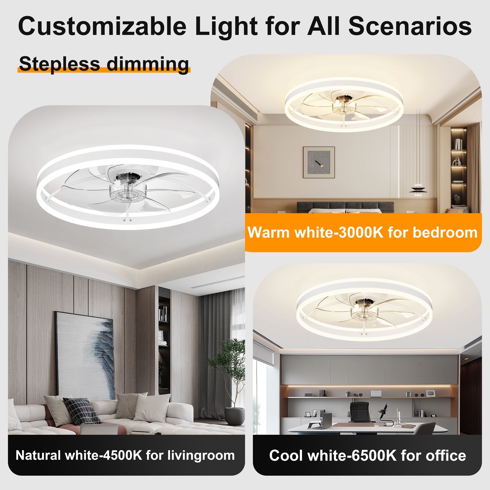 23.6 Inch Ceiling Fan with Light, Quiet DC Motor, Dimmable 3-Color LED by HouseOfZazla