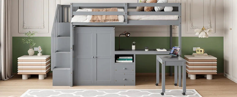 Loft Bed With Stairs, Bookshelf, Drawers, Desk & Wardrobe, Space Saving Multifunctional Furniture by HouseOfZazla