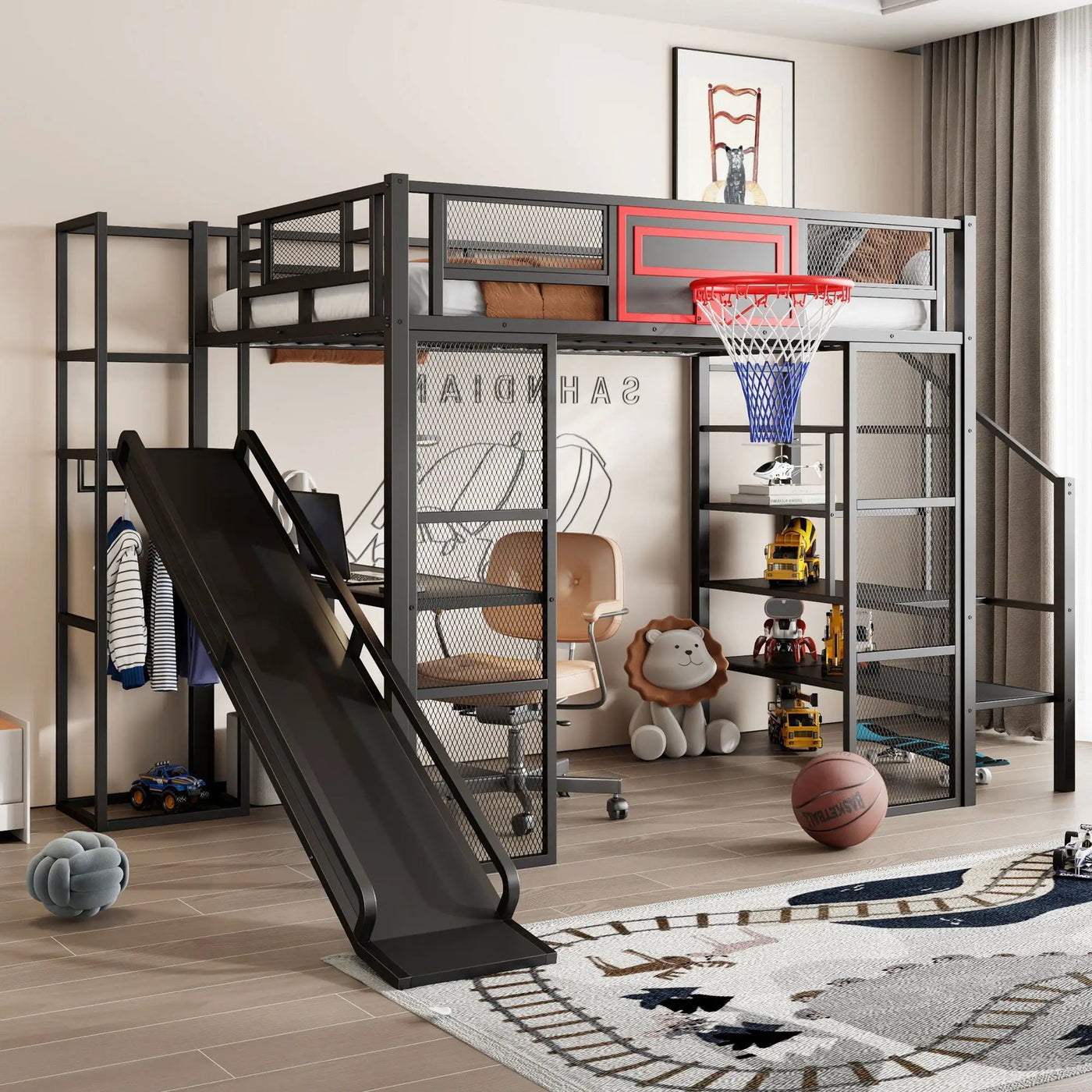 Loft Bed With Built In Desk, Open Wardrobe, Basketball Hoop, Slide And Staircase by HouseOfZazla
