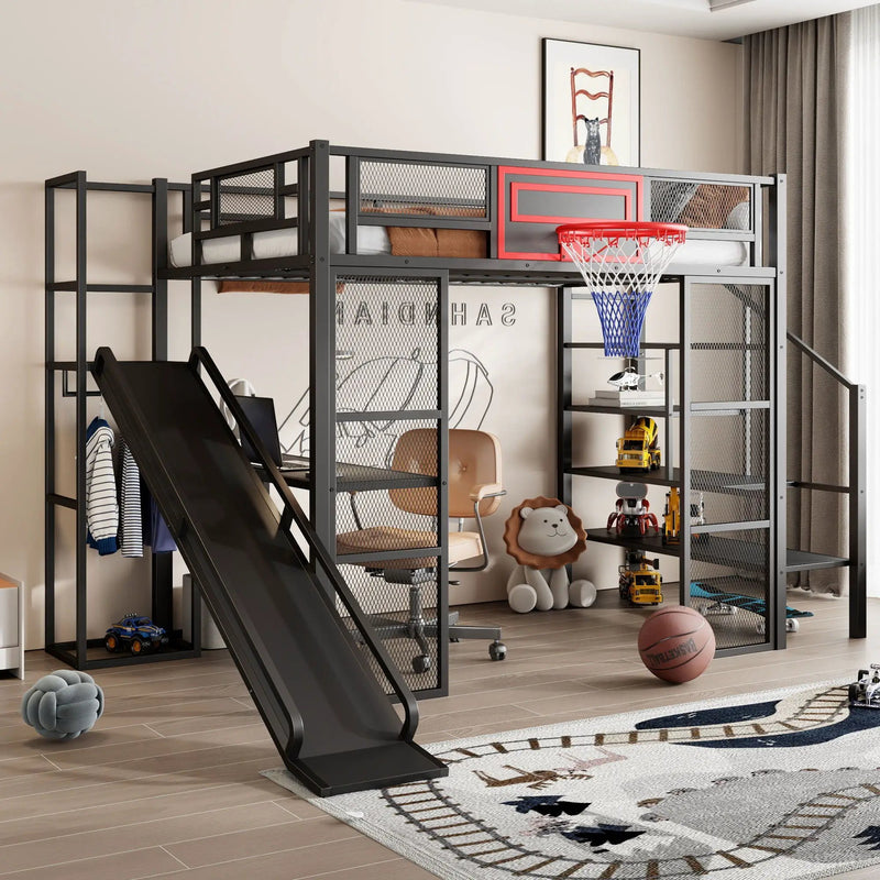Loft Bed With Built In Desk, Open Wardrobe, Basketball Hoop, Slide And Staircase by HouseOfZazla