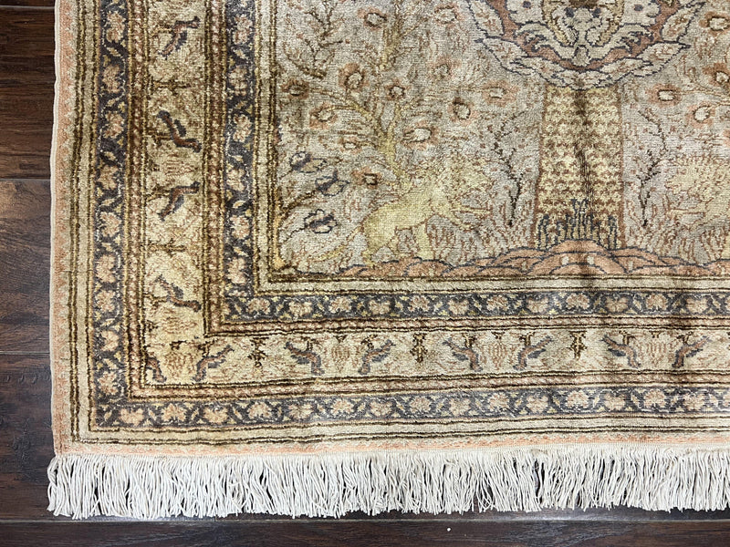 Turkish Kayseri Silk Rug 4x6, Tree of Life Pattern, Vintage Handmade Hand Knotted Carpet, Animal Pictorials, Birds by Jewel Rugs