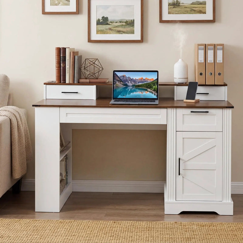 55" Farmhouse Office Desk with Storage Cabinet & Charging Station by HouseOfZazla