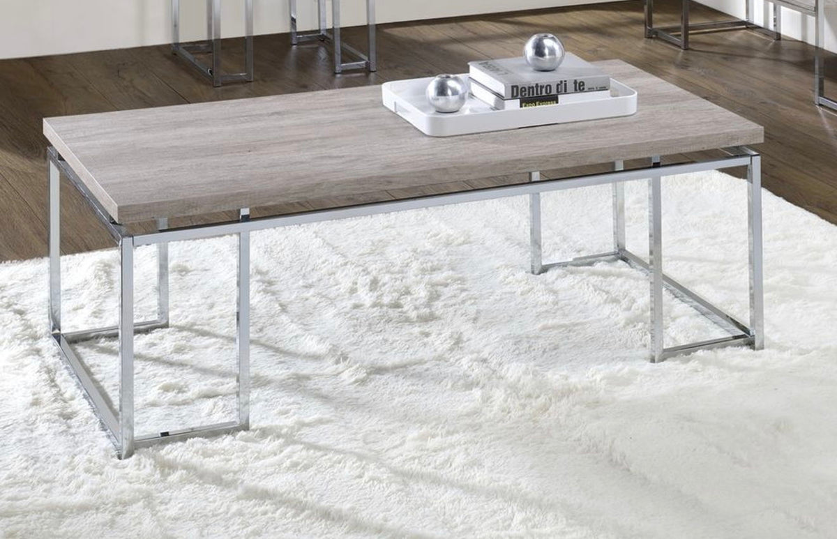 Light Brown Coffee Table with Metal Sled Base - Elegant Details