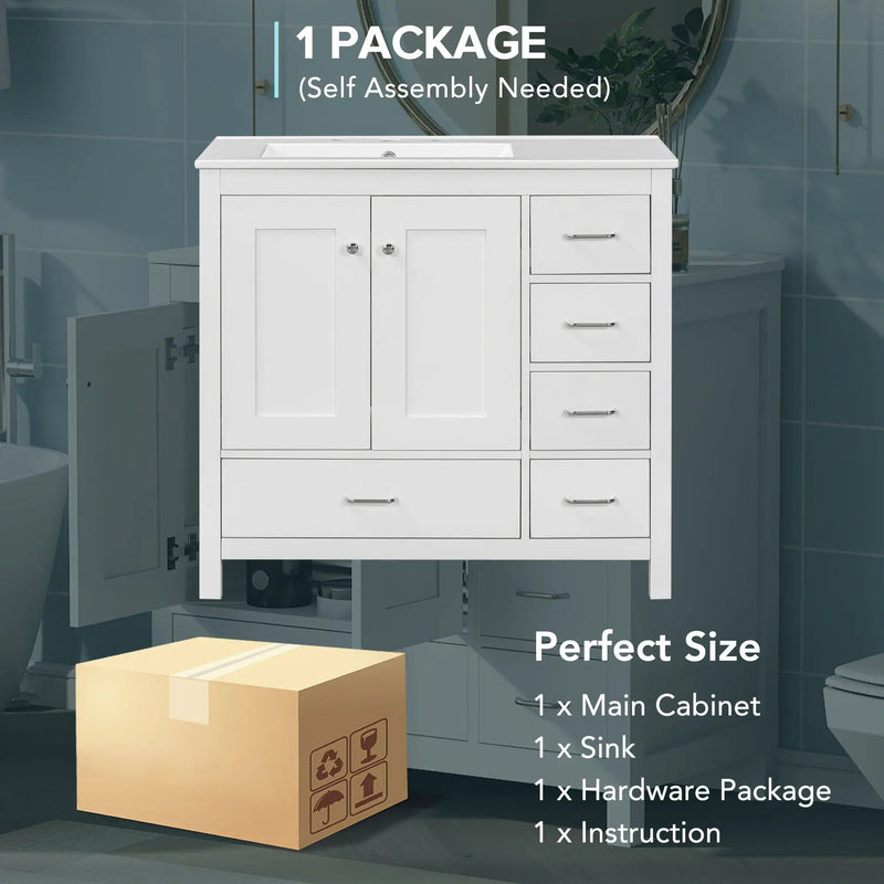 Bathroom Vanity With Ceramic Sink Combo, Abundant Storage Cabinet 2 Soft Close Doors And 5 Drawers by HouseOfZazla