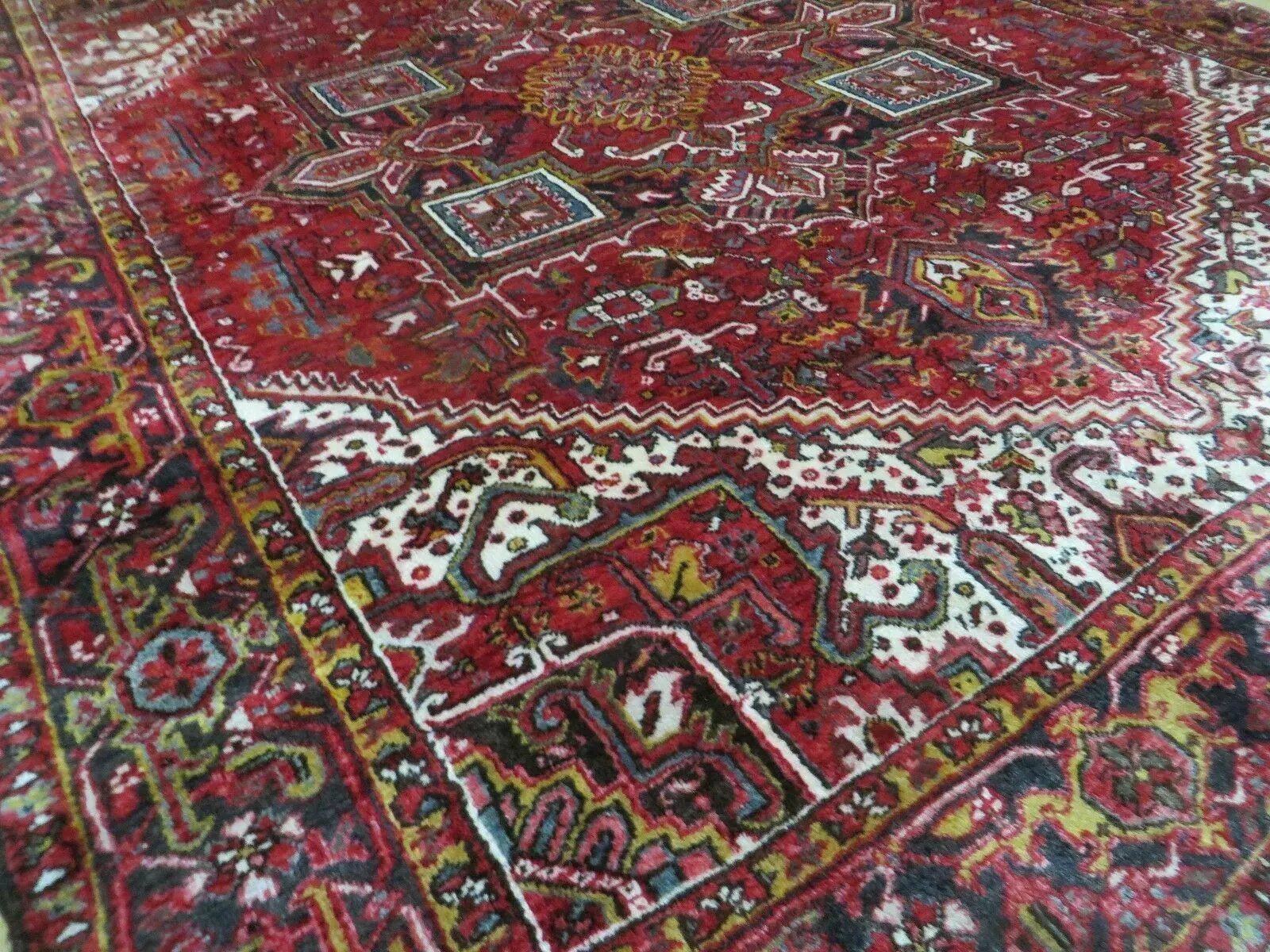 Heriz Rug 9x11, Geometric Persian Carpet Room Sized, Tribal Medallion Rug, Red Ivory Dark Blue Handmade Wool Rug for Living Room Dining Room by Jewel Rugs