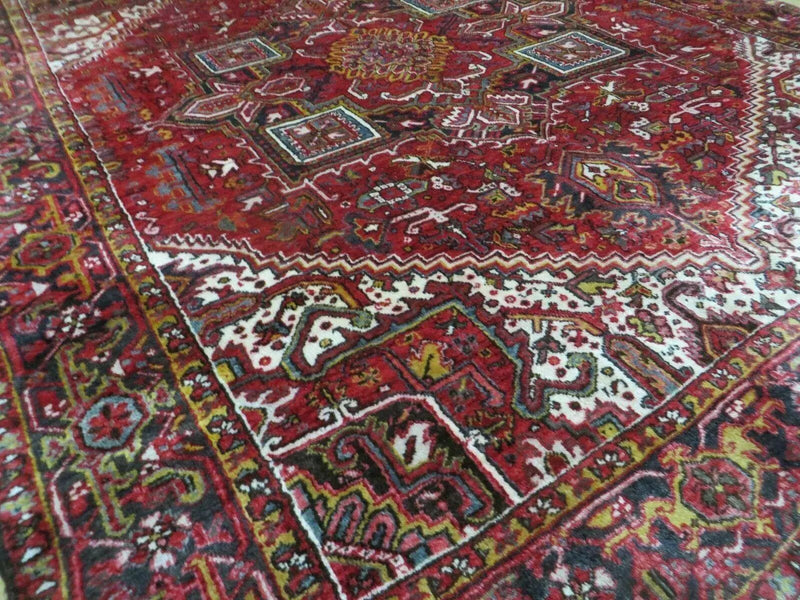 Heriz Rug 9x11, Geometric Persian Carpet Room Sized, Tribal Medallion Rug, Red Ivory Dark Blue Handmade Wool Rug for Living Room Dining Room by Jewel Rugs