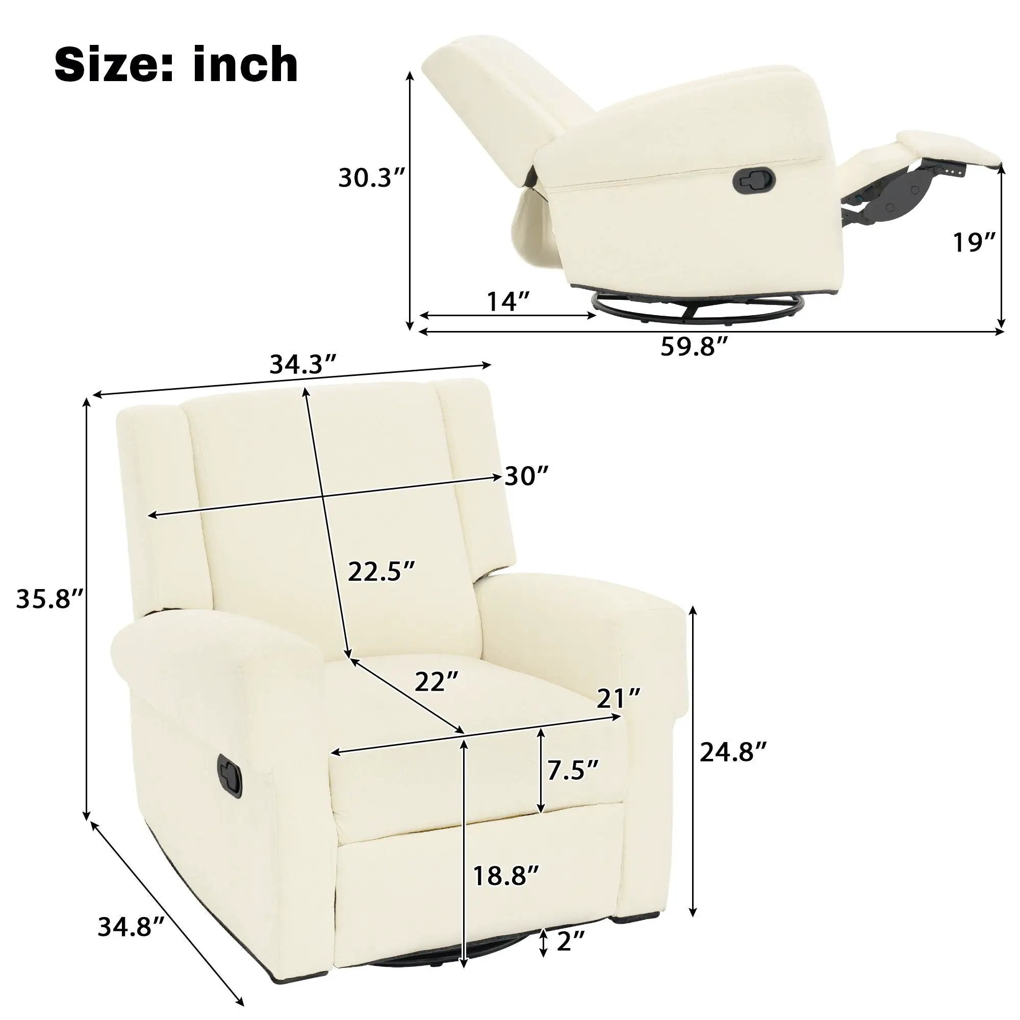 Manual Recliner Chair With Swivel Rocker Function, Dual Recline Angles by Unique Piece Furniture