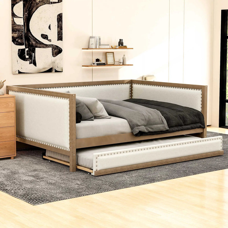 Full Size Daybed With Trundle And Nailhead Decoration - Wood by HouseOfZazla