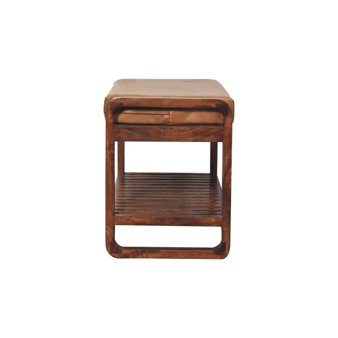Solid Wood Small Buffalo Slatted Bench, Leather Upholstered, Open Storage by HouseOfZazla
