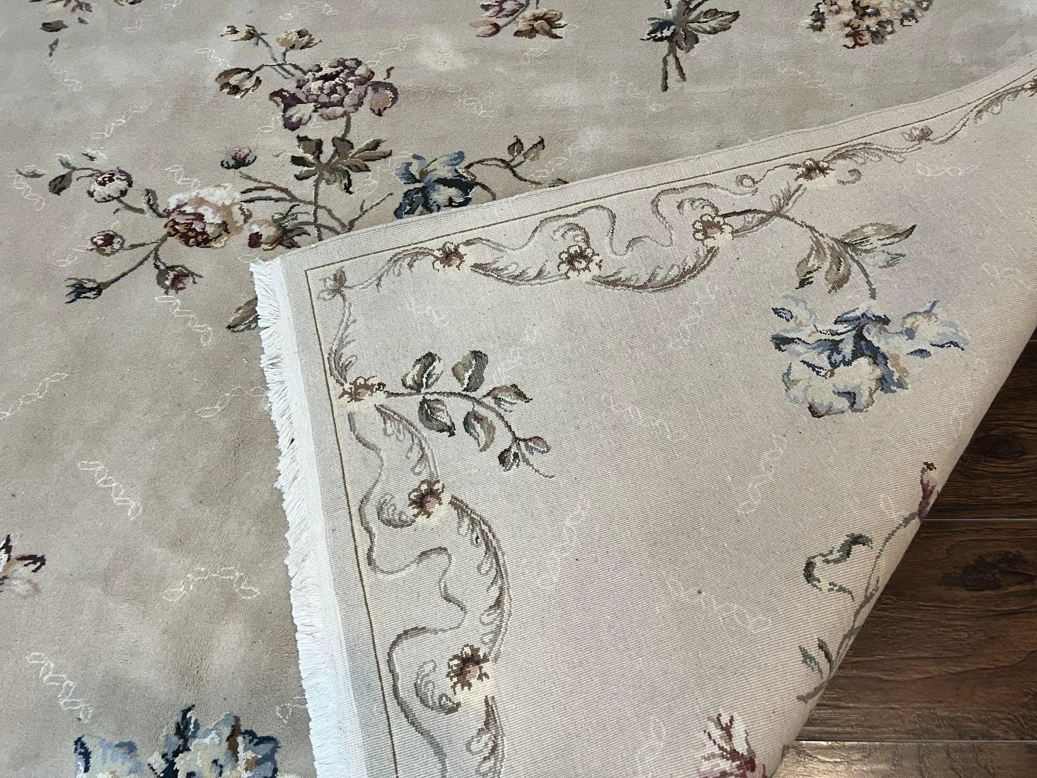 Chinese 120 Line Rug 8x10, Chinese Aubusson Wool & Silk Highlights Handmade Vintage Carpet, Beige Fine Weave Rug, Floral European Design by Jewel Rugs