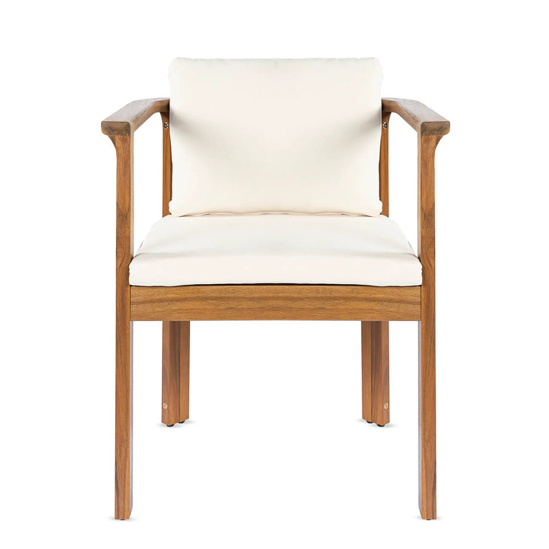 Outdoor Dining Chair Set of 4 with Curved Acacia Wood Arms and Cream Cushions by HouseOfZazla