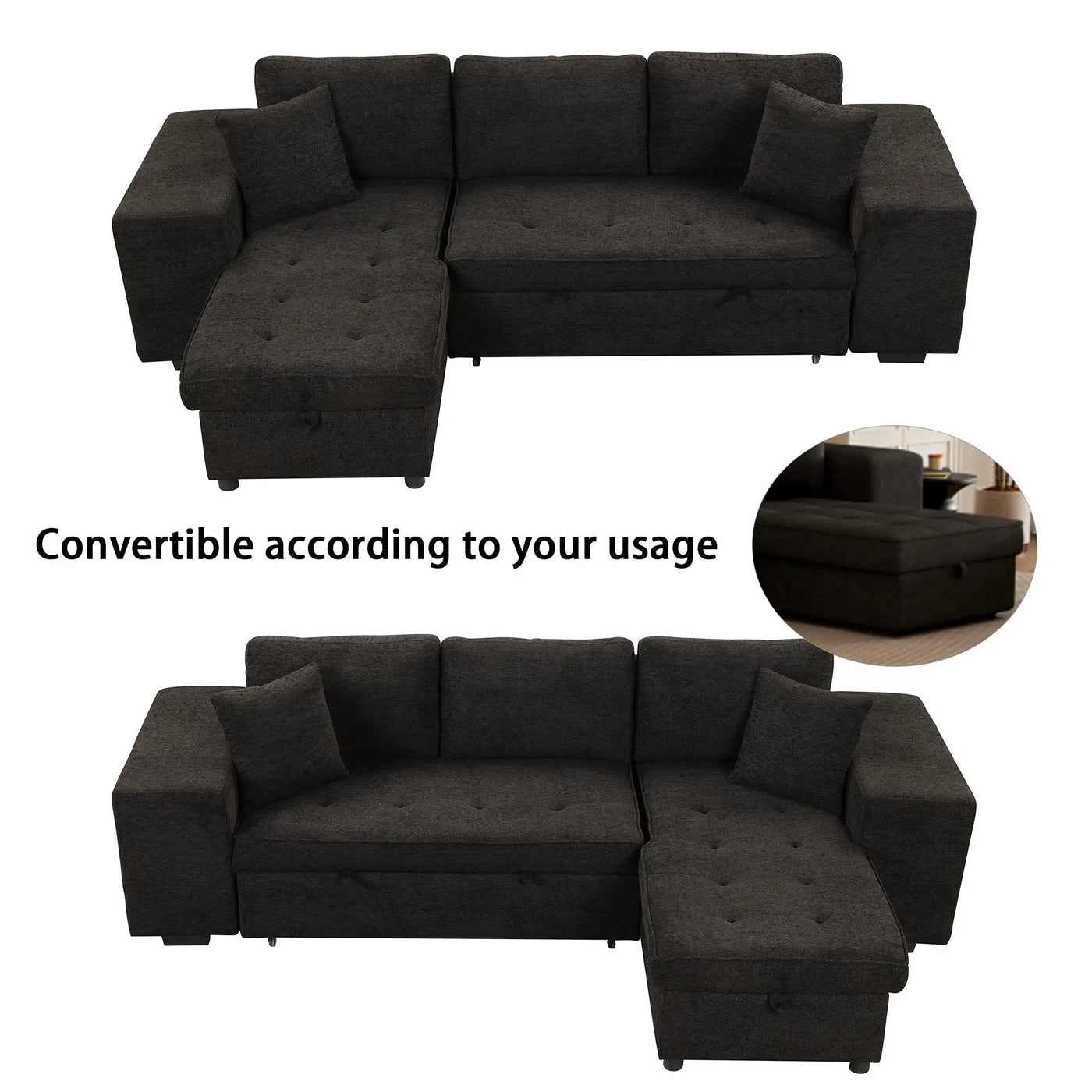 Modern L-Shape 3 Seat Reversible Sectional Couch, Pull Out Sleeper Sofa With Storage Chaise And 2 Stools For Living Room Furniture Set by Unique Piece Furniture