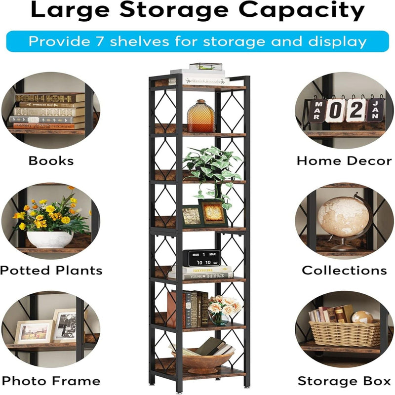 Extra Tall 7 Tier Narrow Corner Bookshelf Storage Display Rack For Living Room - Rustic Brown by HouseOfZazla