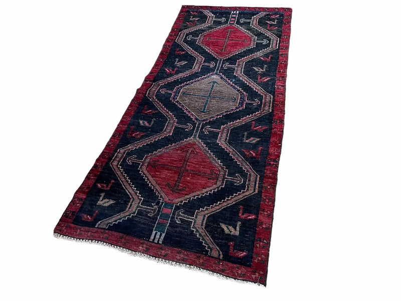 3 X 7 Handmade Wool Tribal Runner Rug Geometric Red Blue Boho Organic Dyes by Jewel Rugs