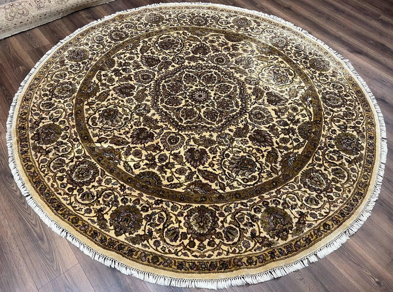 Round Indo Persian Rug 8x8 ft, Large Hand Knotted Vintage Wool Circular Carpet, 8ft Round Oriental Rug, Floral Medallion, Cream and Green by Jewel Rugs