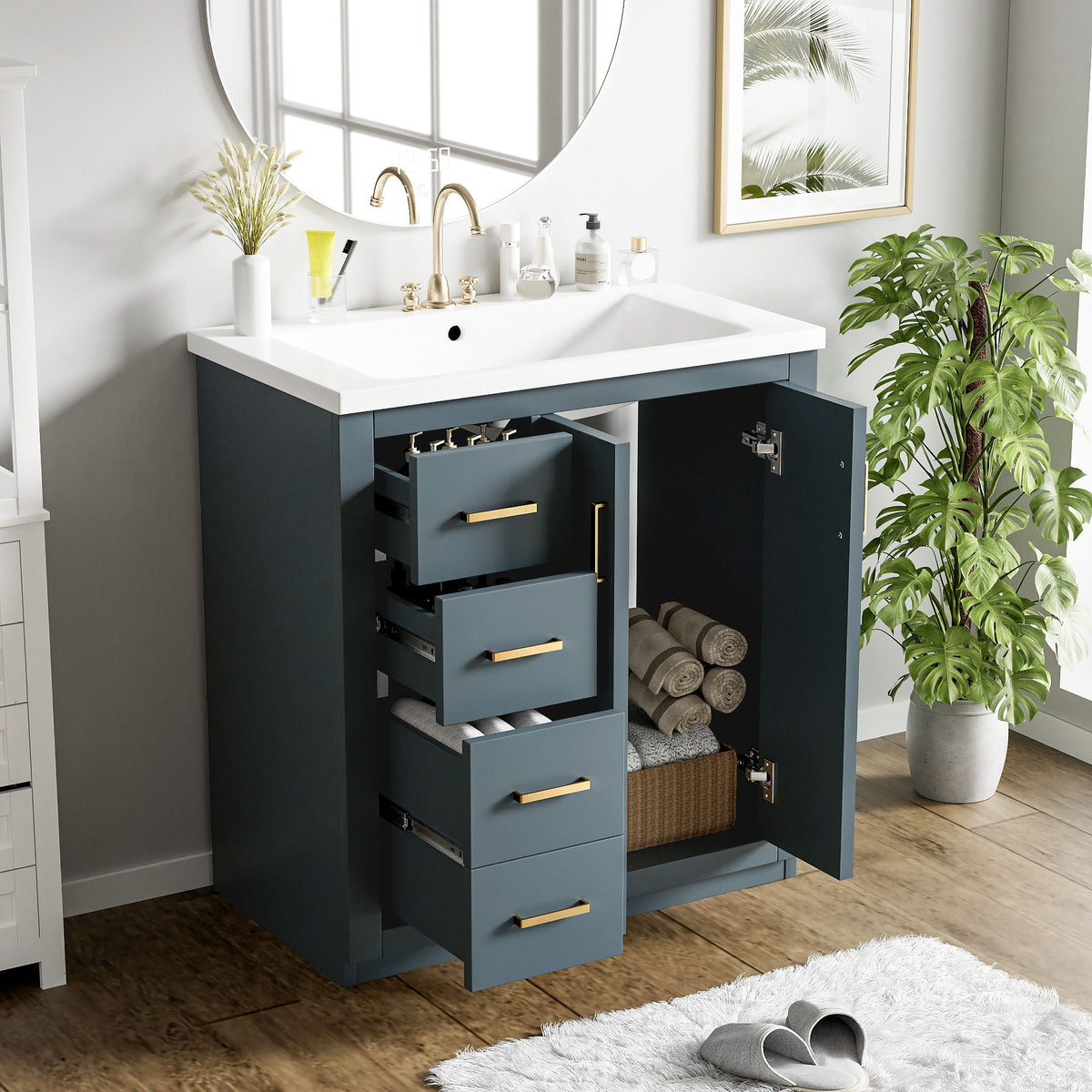 Ceramic Sink Combo, Freestanding Vanity Set With 3 Drawers & Soft Closing Doors, photo 27 of 35