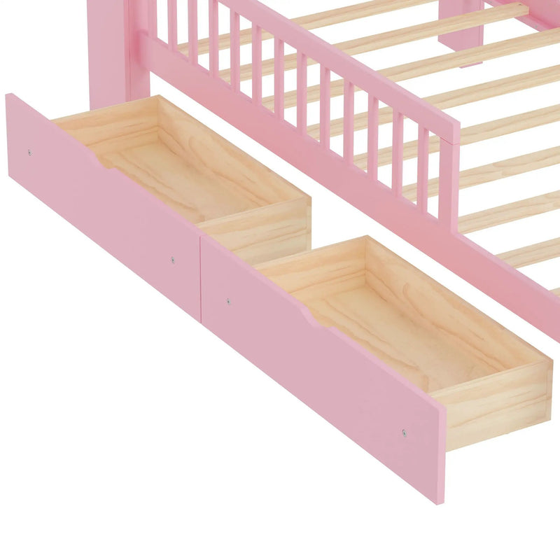 Bed With Headboard Storage Rack, 2 Under Bed Drawers, 3 Side Guardrails For Safety by HouseOfZazla