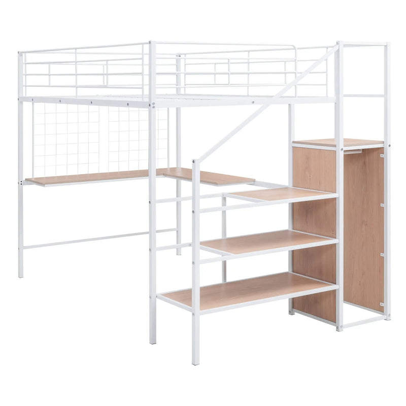 Loft Bed With Desk And Grid, Stylish Frame With Lateral Storage Ladder And Wardrobe by HouseOfZazla