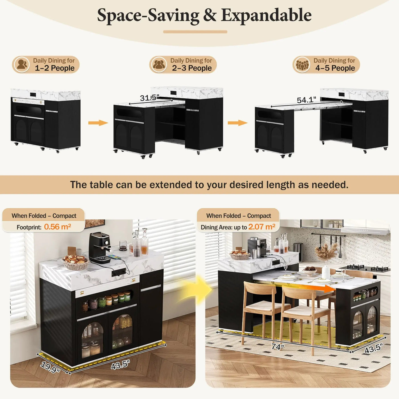 Extendable Dining Table With Folding Top, Rolling Kitchen Island With Drawers And Power Outlet by HouseOfZazla