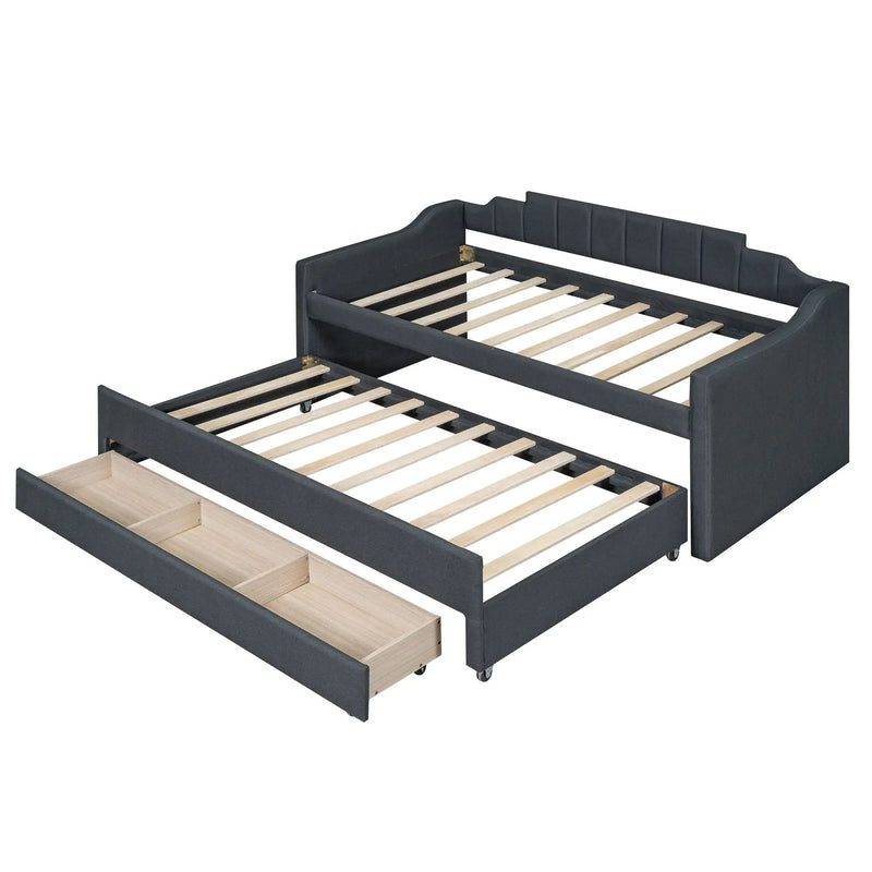 Upholstered Simple Design Daybed With Trundle And 3 Drawers