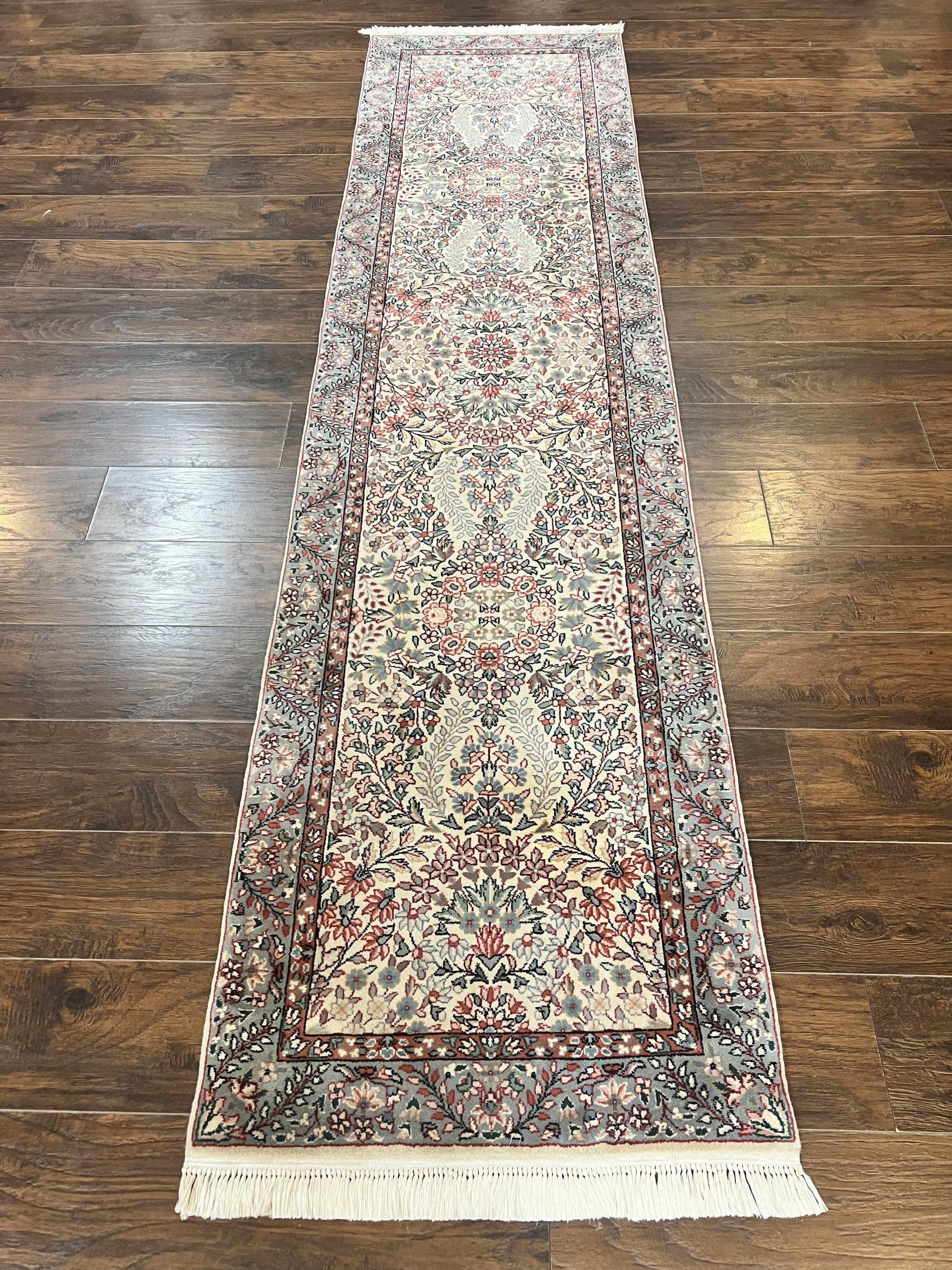 Sino Persian Runner Rug 2.7 x 10, Floral Kirman Lavar Carpet for Hallway, Cream, Handmade Wool Vintage Rug by Jewel Rugs