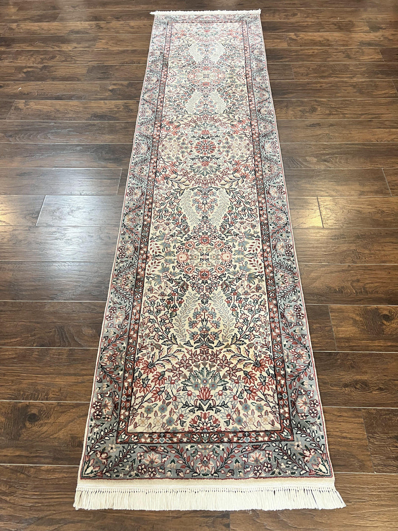 Sino Persian Runner Rug 2.7 x 10, Floral Kirman Lavar Carpet for Hallway, Cream, Handmade Wool Vintage Rug by Jewel Rugs