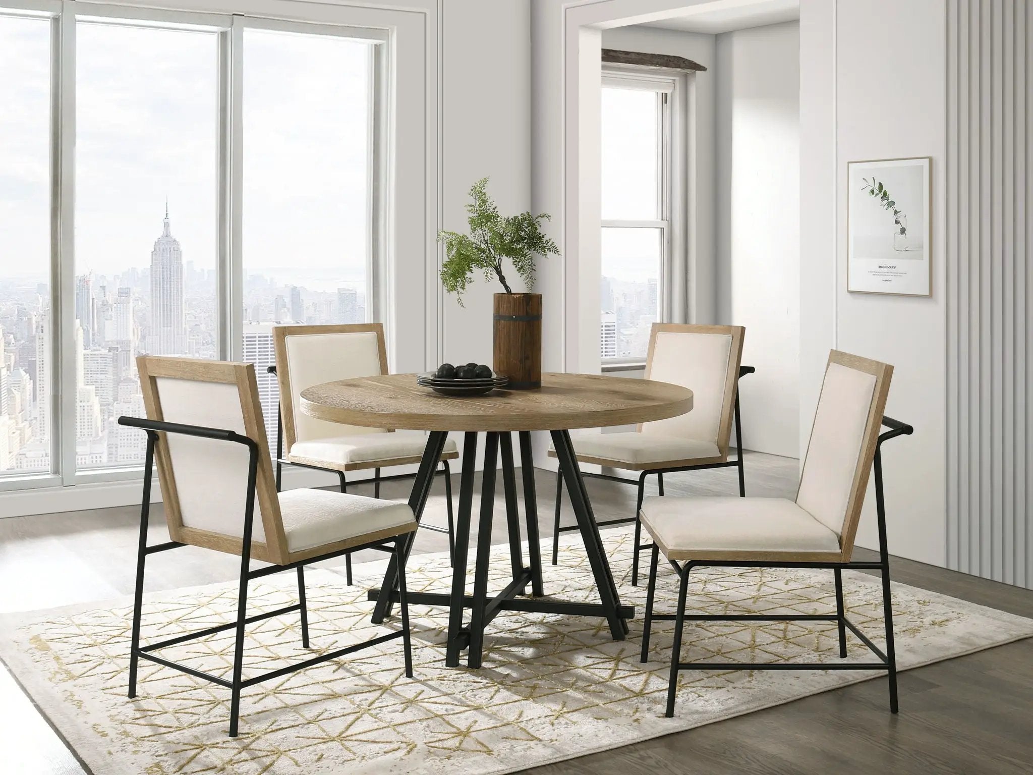 Tate - Round Dining Table With Cream Color Upholstered Chairs (Set of 5) - Oak Finish by Unique Piece Furniture