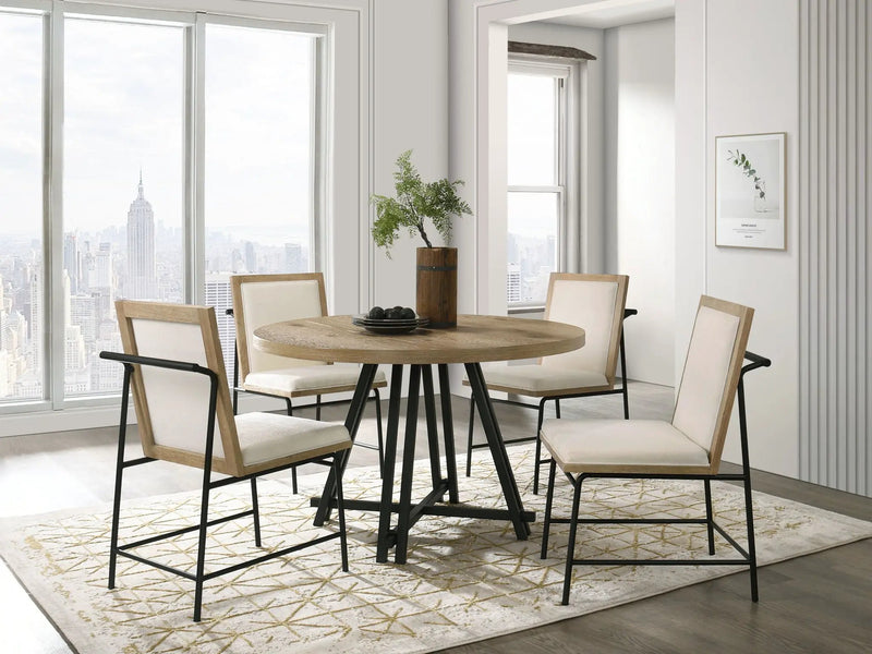 Tate - Round Dining Table With Cream Color Upholstered Chairs (Set of 5) - Oak Finish by Unique Piece Furniture