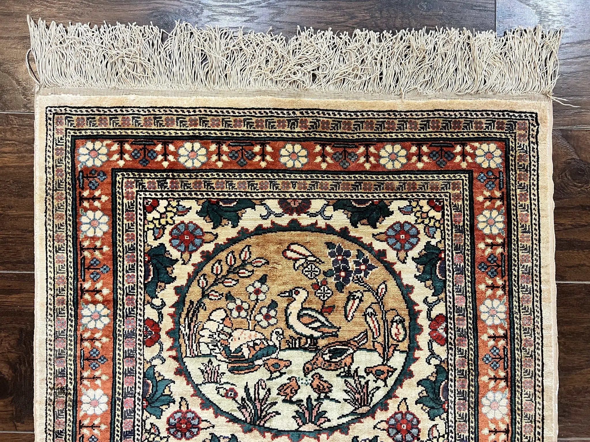 Silk Turkish Rug 2x4, Fine Handmade Oriental Rug, Animal Pictorial Birds Silk Pile on Silk Foundation Vintage Hand Knotted Hereke Carpet by Jewel Rugs
