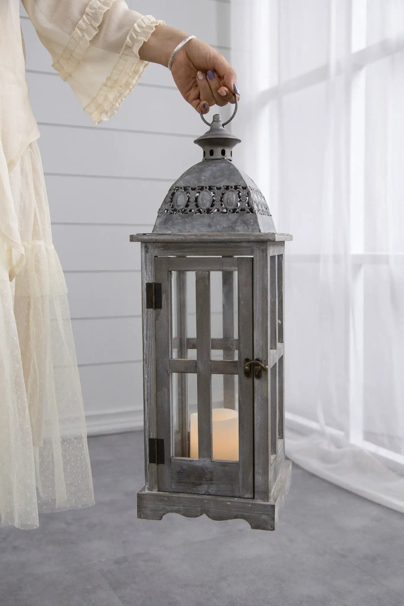 Wooden Candle Lantern Decorative, Hurricane Lantern Holder Decor For Indoor Outdoor, Home Garden Wedding - Gray by Unique Piece Furniture