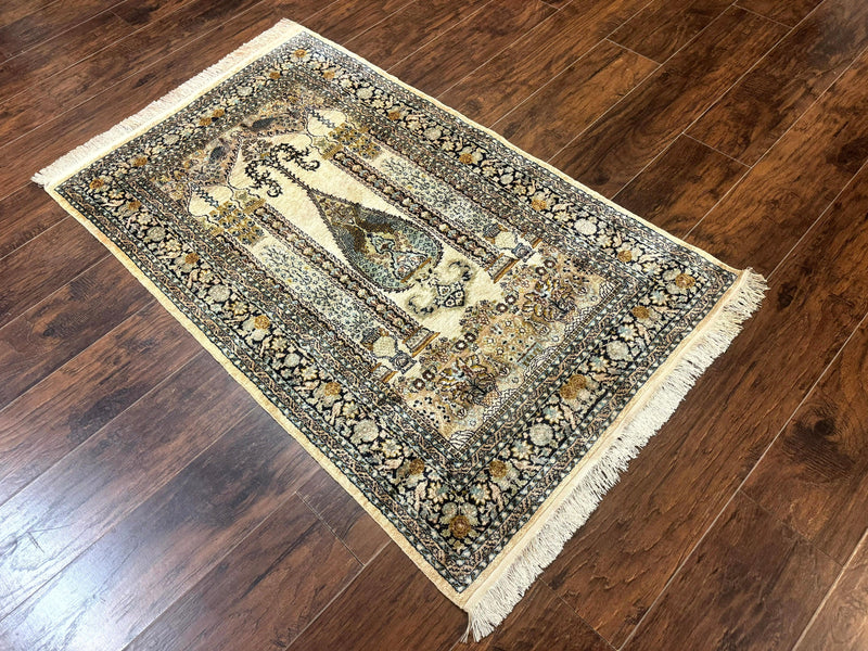 Silk Indian Kashmiri Rug 3x4, Very Fine 400 KPSI, Silk Prayer Rug, Handmade by Jewel Rugs
