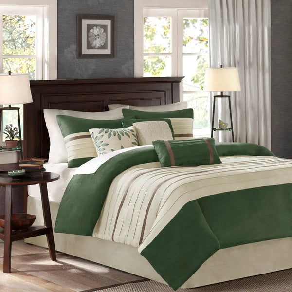 7 Pc Faux Suede Comforter Set Green Queen