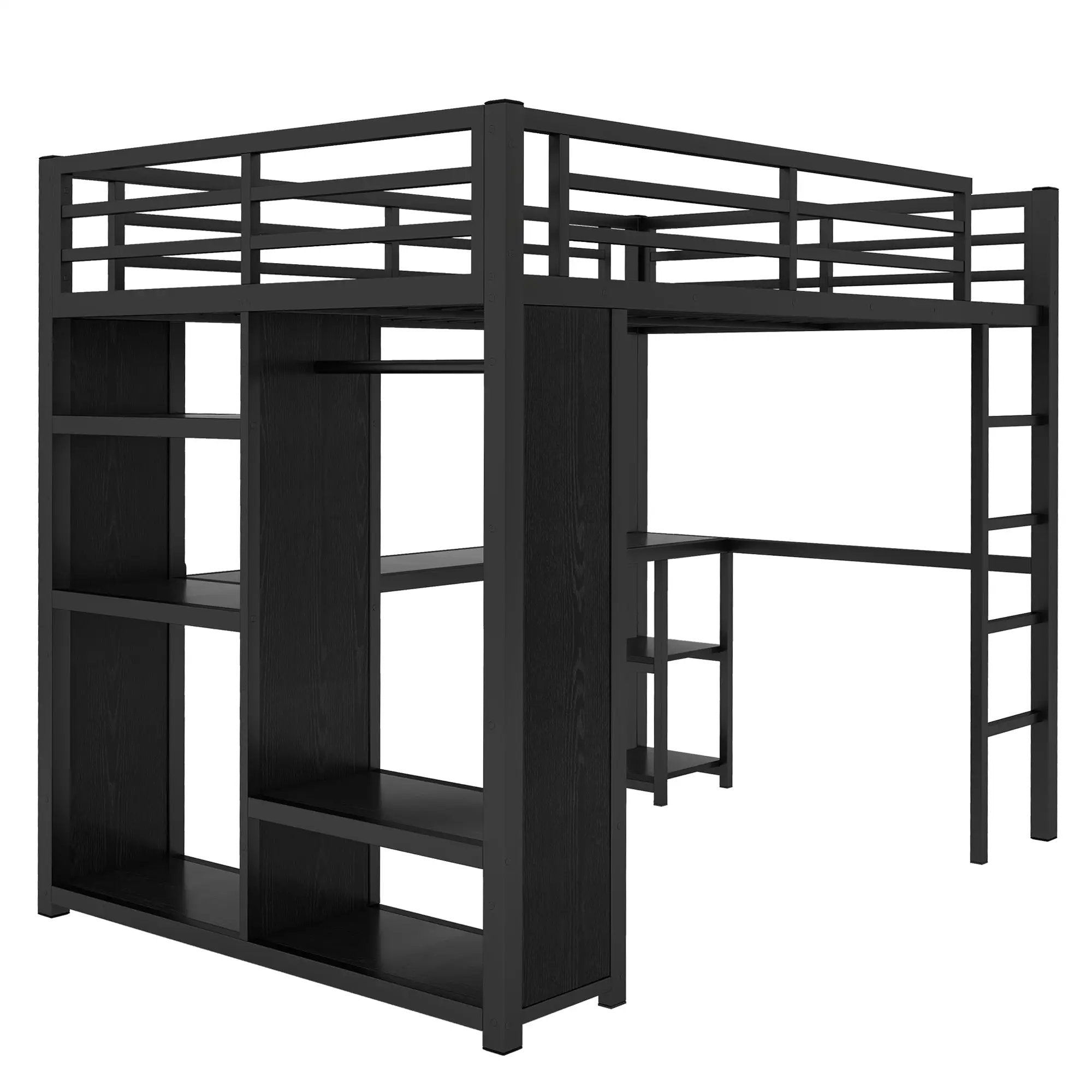 Full Size Loft Bed Frame with Built-in Wardrobe, Metal Loft Bed with Desk and Storage Shelves by HouseOfZazla