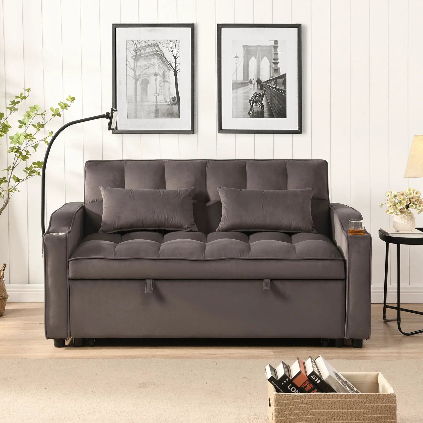 Modern Loveseat Futon Sofa With Pullout Bed, Adjustable Reclining Backrest, Toss Pillows by HouseOfZazla
