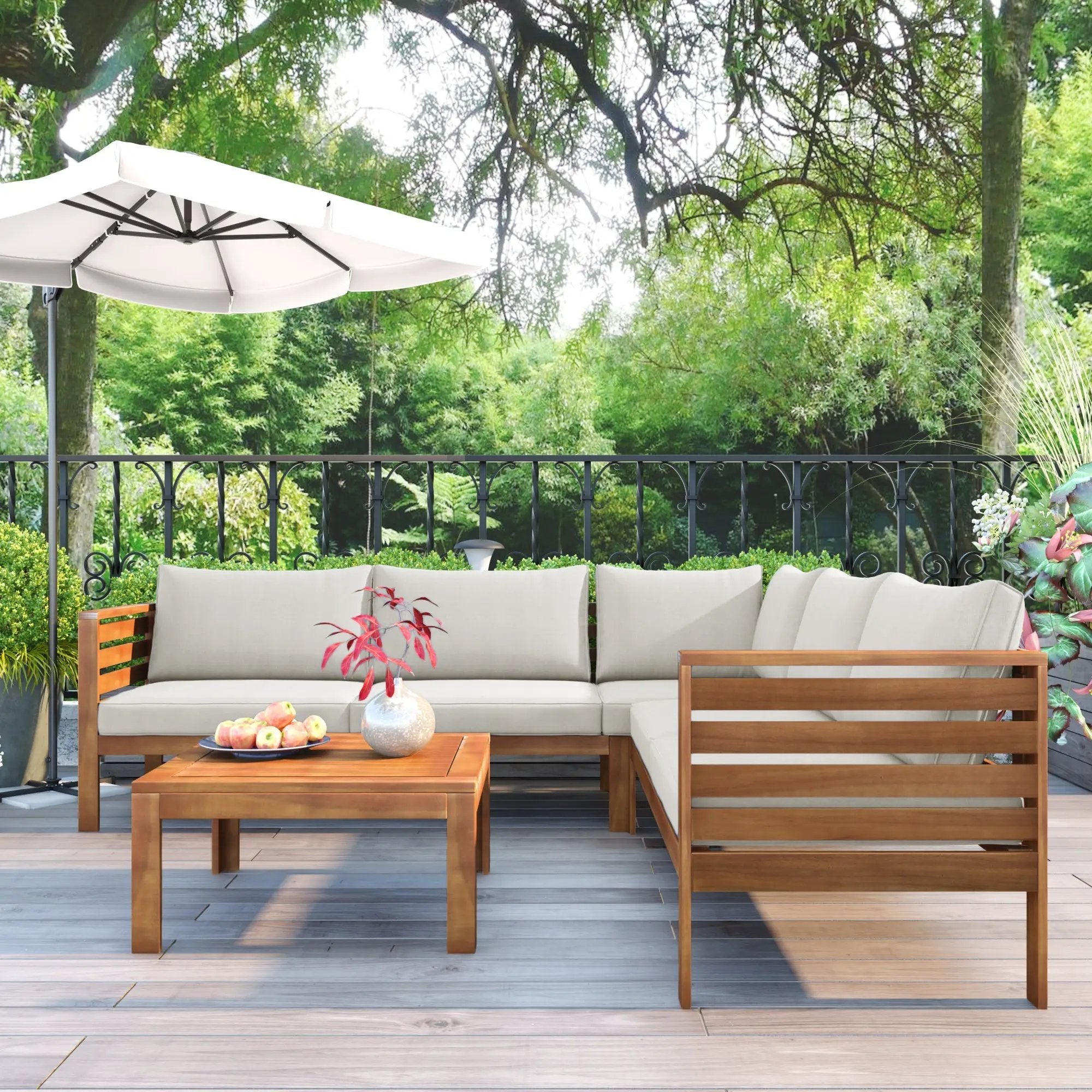 Wood Structure Outdoor Sofa Set with Beige Cushions by HouseOfZazla
