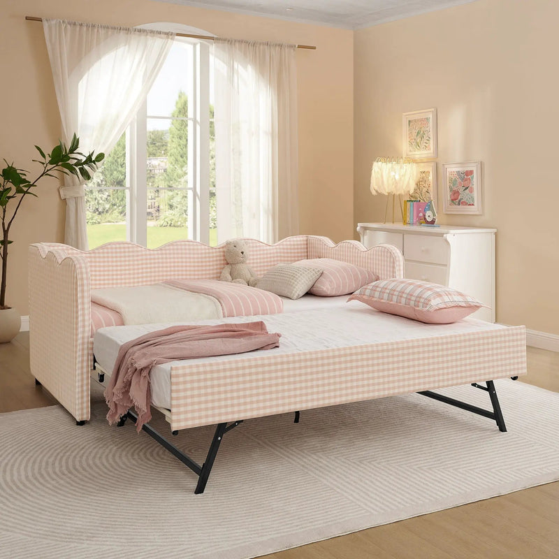 Gingham Daybed With USB Charging Port, Wave Shaped Design by Unique Piece Furniture
