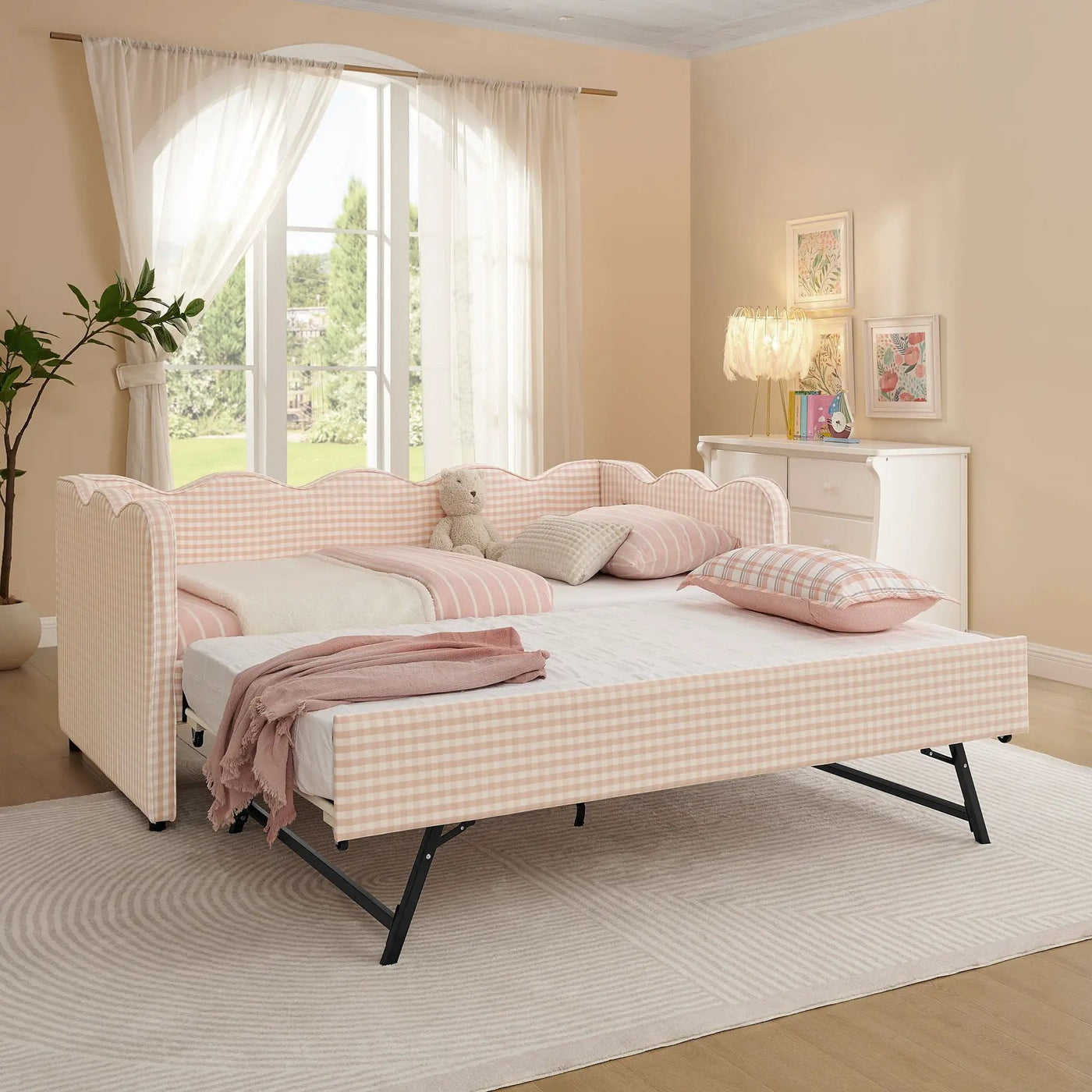 Gingham Daybed With USB Charging Port, Wave Shaped Design by HouseOfZazla