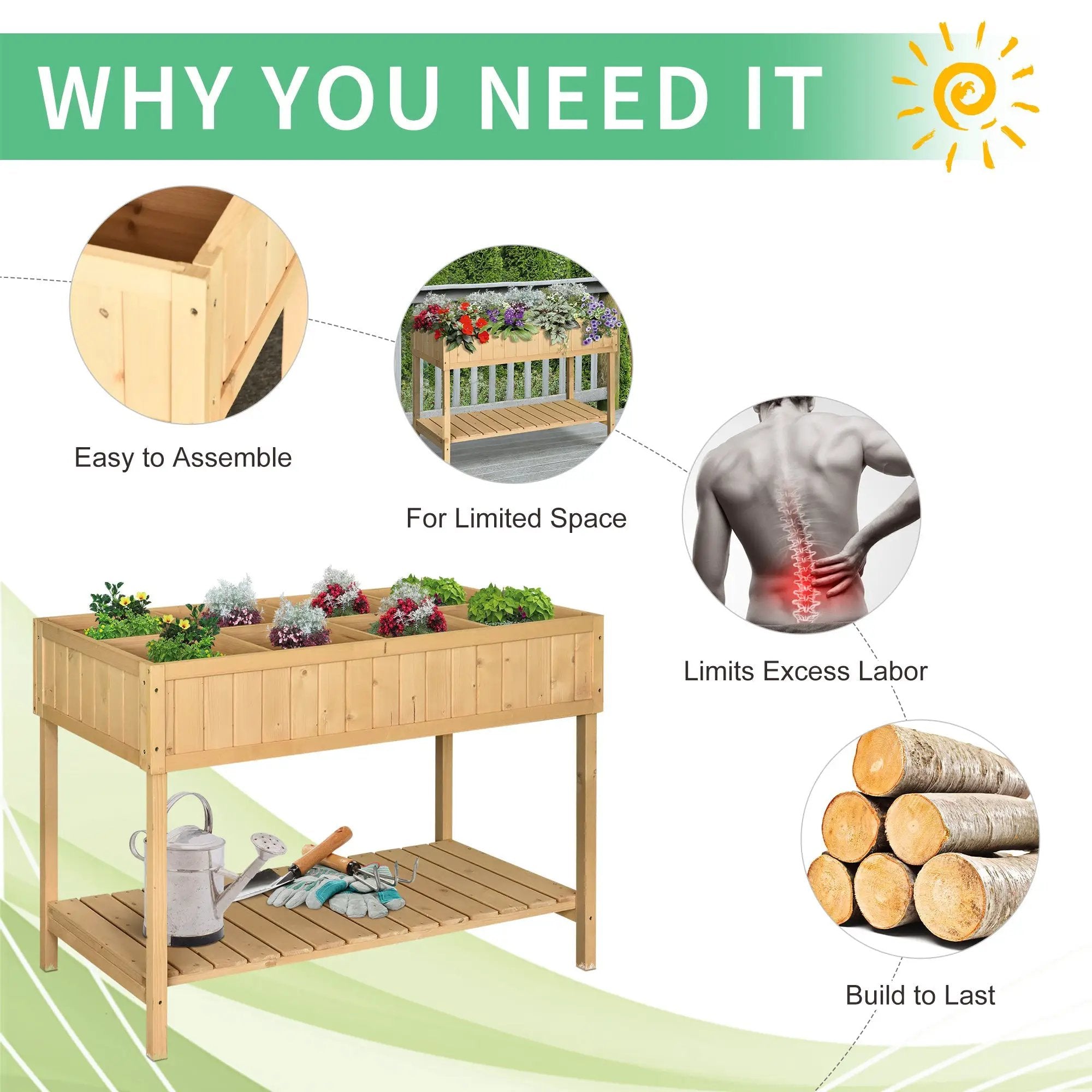 Outsunny 43" Wooden Raised Garden Bed with 8 Pockets and Shelf by HouseOfZazla