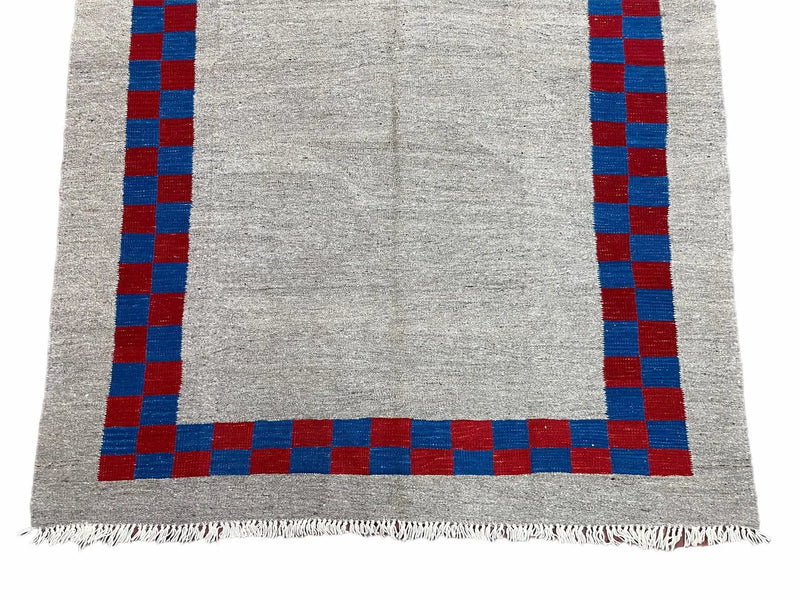 Gray Turkish Kilim Carpet 5' 7" x 7' 7", Medium Kilim Rug, Hand-Knotted, Blue & Red Border, Minimalistic Design, Geometric, Wool, New by Jewel Rugs