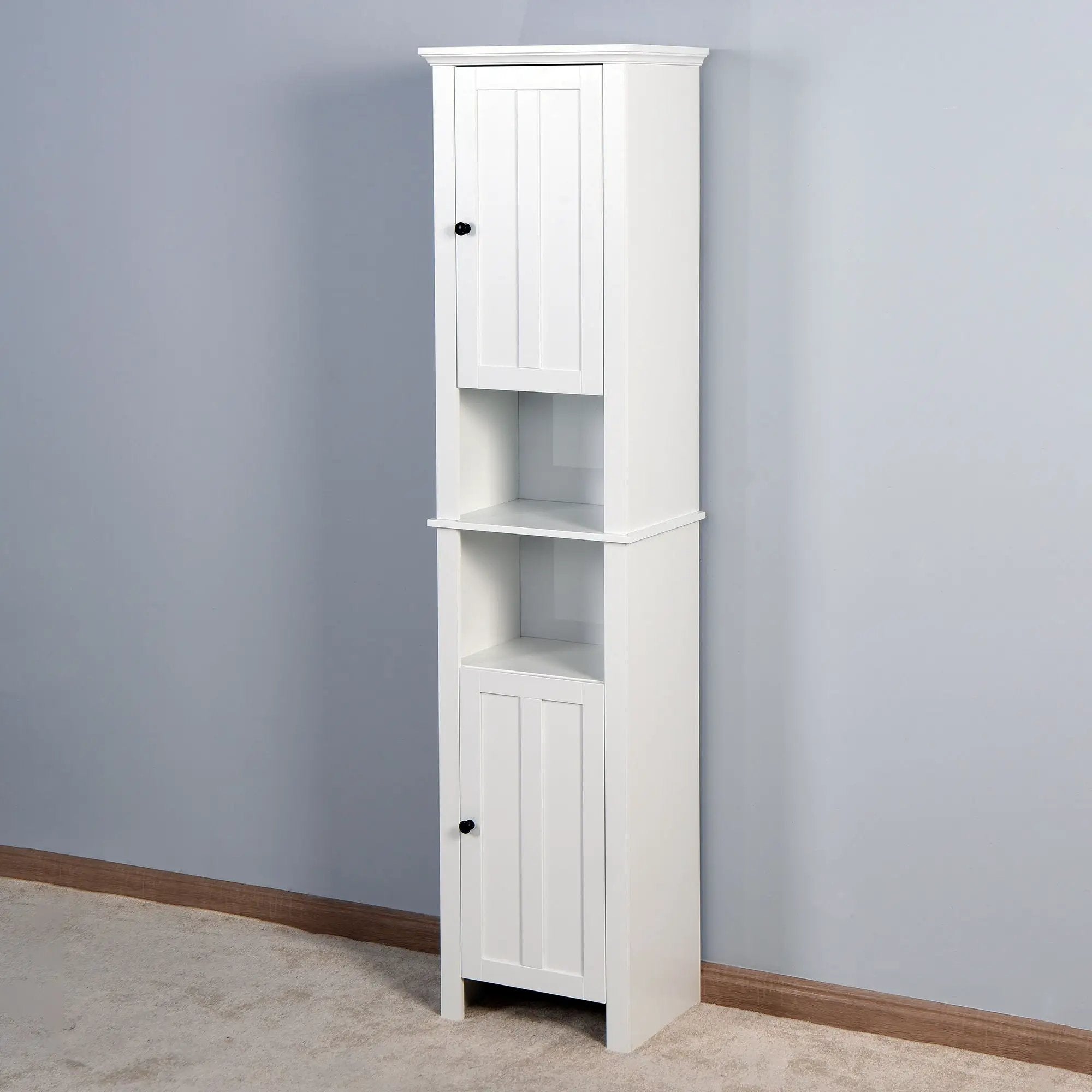 Wooden Bathroom Floor Storage Cabinet With 2 Doors And 6 Shelves - White by HouseOfZazla