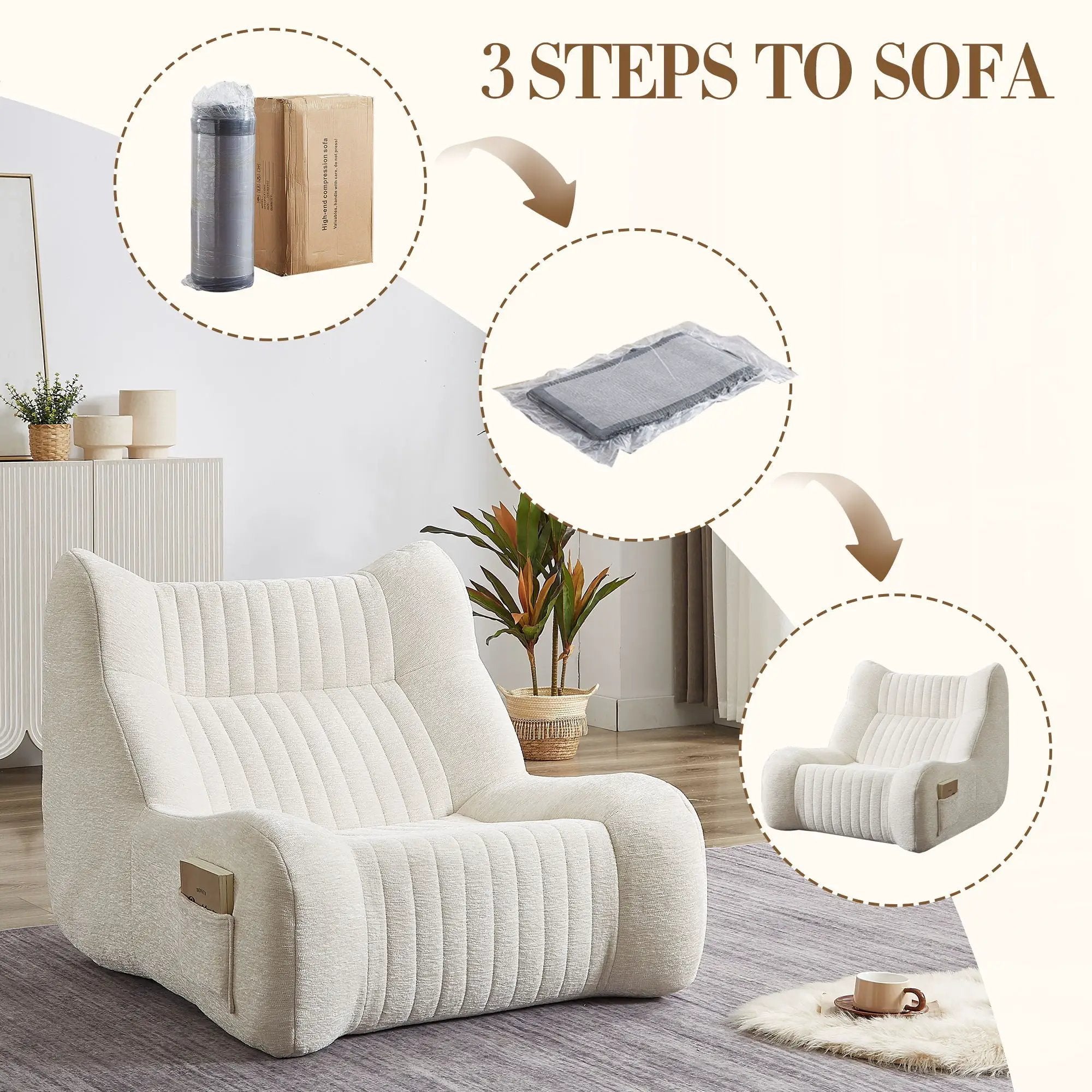 Bean Bag Chair For Adults, Lazy Floor Sofa Couch Memory Foam Bean Bag Sofas Chenille Fabric Reading Chair Comfortable Corner Lounge Sofa For Living Room - White by HouseOfZazla
