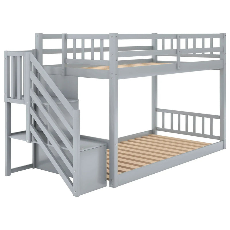 Twin Over Twin Floor Bunk Bed, Ladder With Storage by Unique Piece Furniture