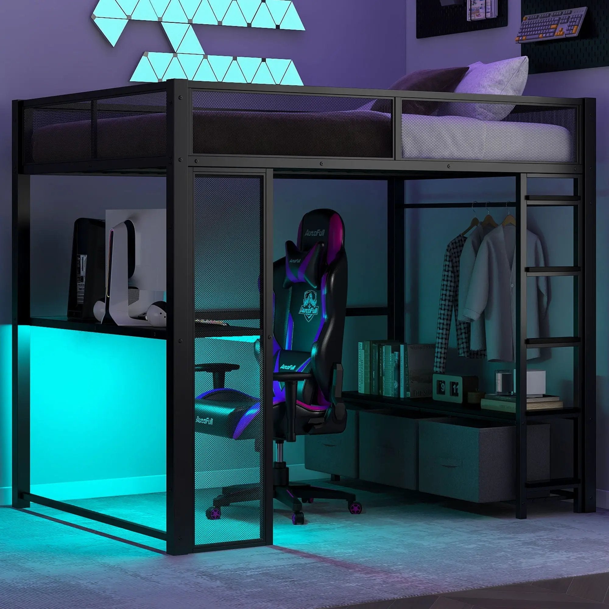 Full Size Gaming Loft Bed With LED Desk, Open Wardrobe, 3 Linen Storage Drawers - Black by Unique Piece Furniture