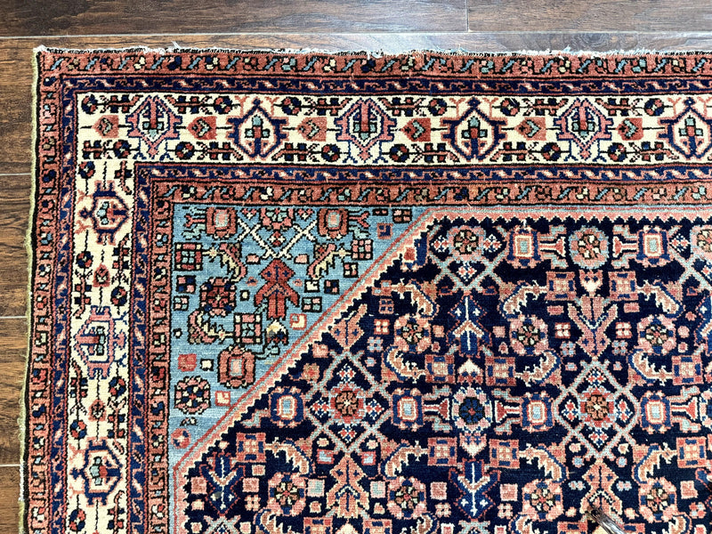 Antique Persian Rug 5 x 6.7, Navy Blue & Ivory, Handmade Persian Wool Carpet, Hamadan Angelas Rug by Jewel Rugs