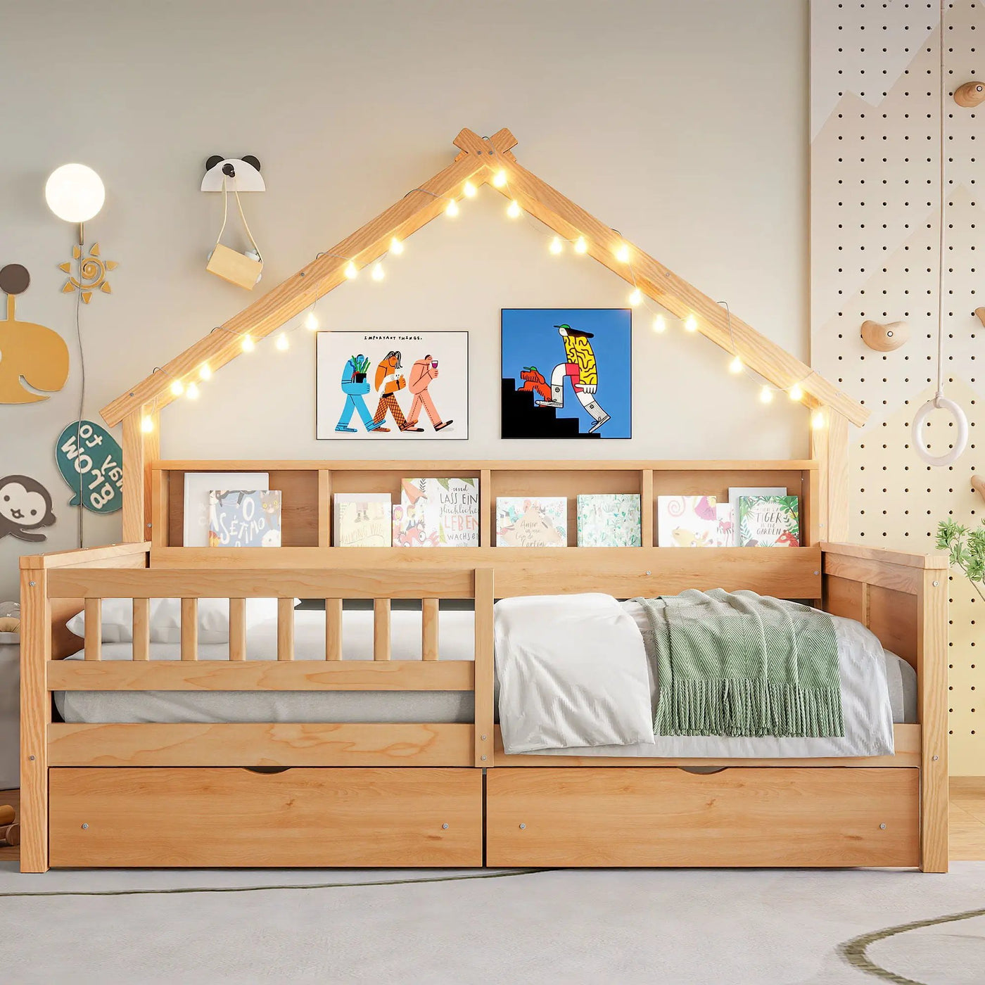 House Style Platform Bed With LED Lights, Storage Shelves, Drawers, And Guardrail by HouseOfZazla