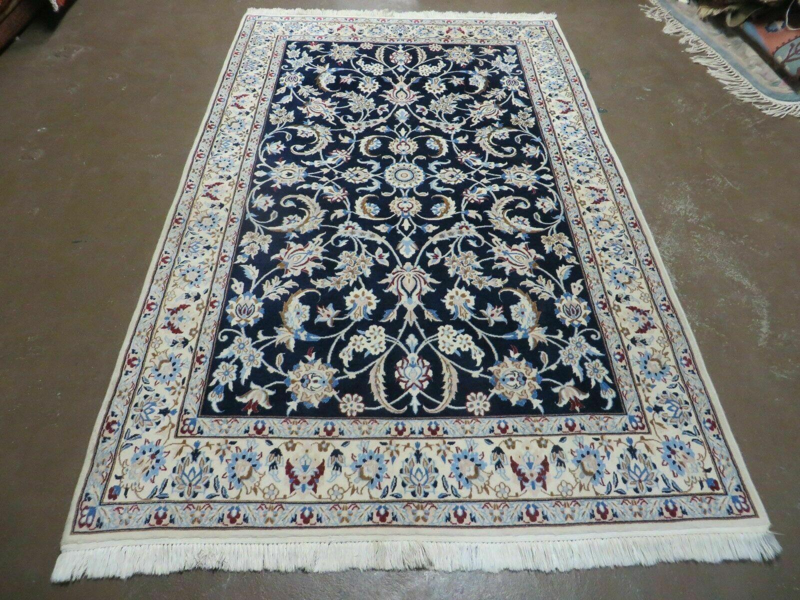 Persian Nain Rug 4x7, Navy Blue and Ivory, Handmade, Wool & Silk Highlights, Fine Oriental Rug, Vintage by Jewel Rugs