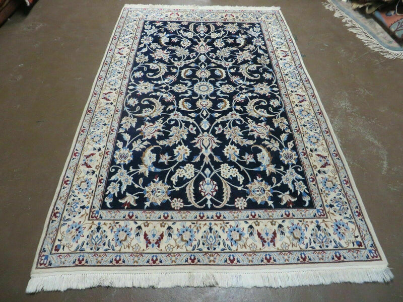 Persian Nain Rug 4x7, Navy Blue and Ivory, Handmade, Wool & Silk Highlights, Fine Oriental Rug, Vintage by Jewel Rugs